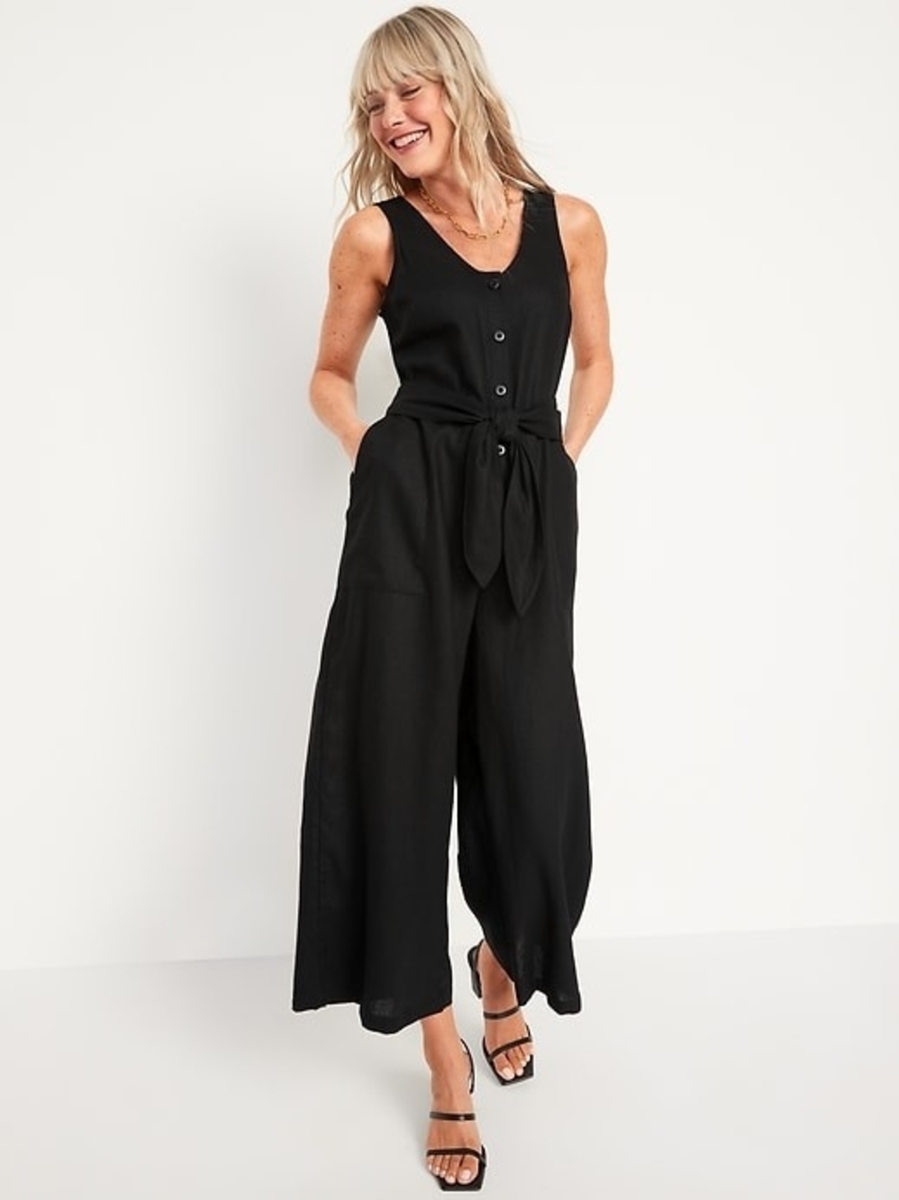 Old Navy Black Sleeveless Wide-Leg Tie-Waist Jumpsuit